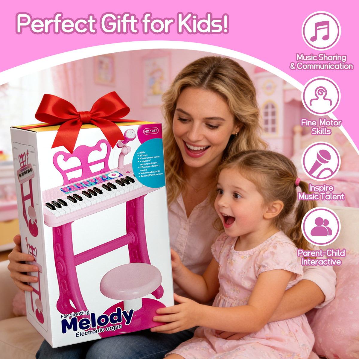 WLBES Electronic Keyboard Piano Toy, 37 Keys, with Microphone and Stool, Pink