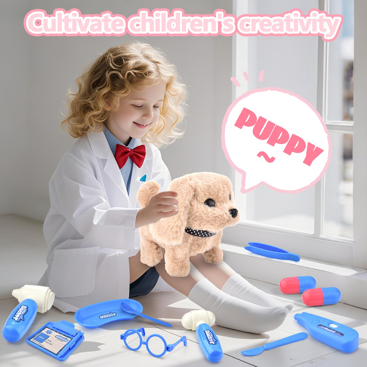 WLBES Doctor Toys, Kids Vet Doctor Play Set with Electronic Walking Barking Puppy, Toddler Pretend Role Play Doctor Kit for Kids 3+, Preschool Toys, Ideal Birthday Party Gift for 3 4 5 Year Old Girls