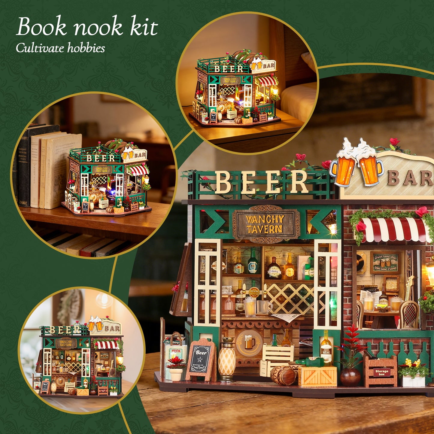 WLBES 3D Wooden Puzzle Book Nook Kit for Adults, DIY Miniature Tavern House Model Kit, Cute Book Nooks for Bookshelf, Home Decor & Craft Hobby