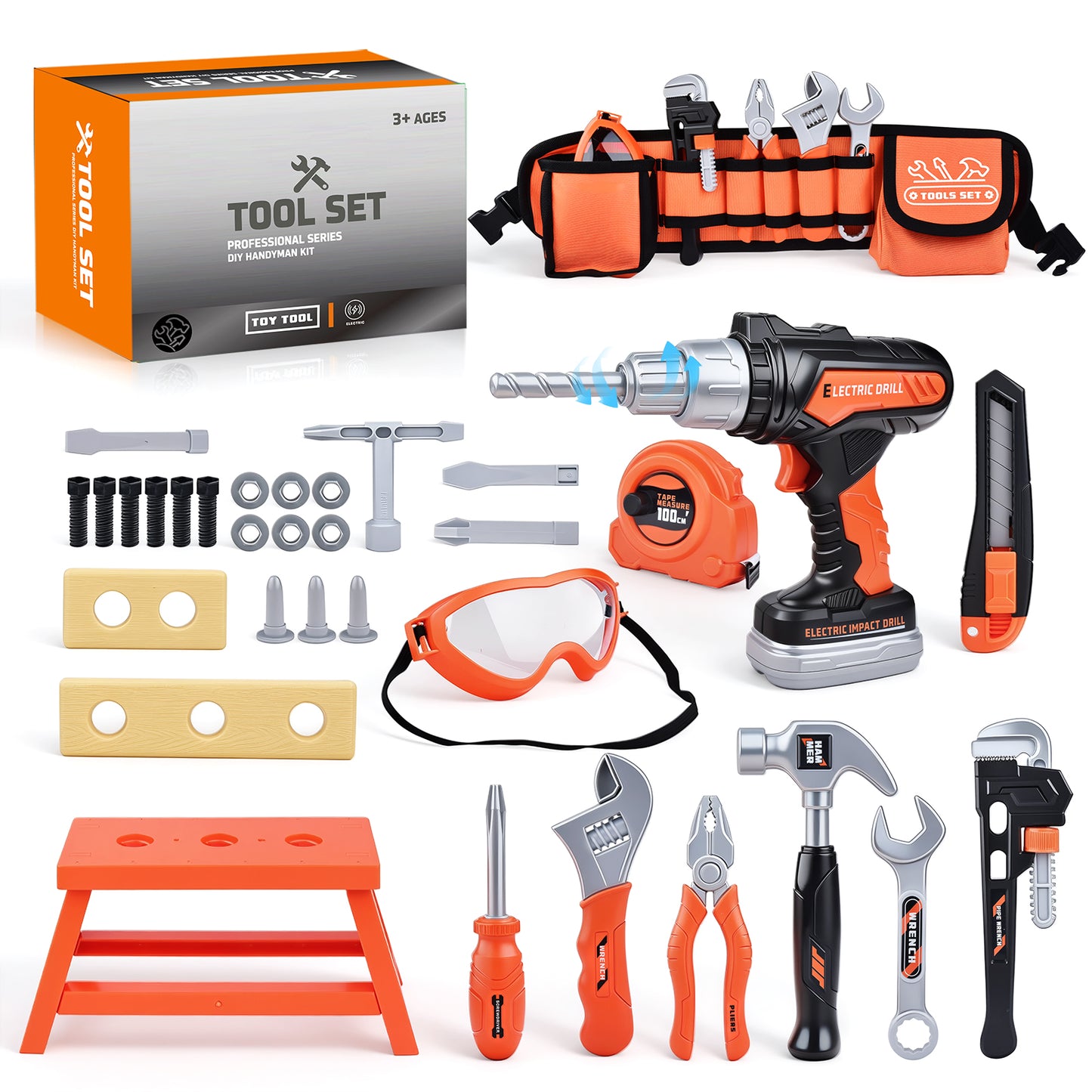 WLBES Kids Tool Set with Electric Toy Drill & Tool Belt, Realistic Pretend Play Construction Toys for Kids 3+, Educational Toddler Tool Kit, Tool Box for Boys Girls Indoor Outdoor Building Play