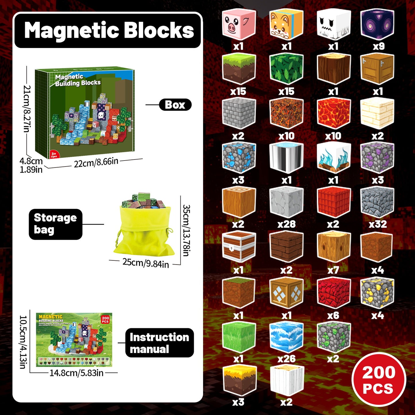 WLBES 200PCS Magnetic Blocks Cubes, Magnet Building Stacking Blocks, STEM Educational Magnet Toys for Boys Girls Age 3+, Ideal Birthday Holiday Gift for Kids