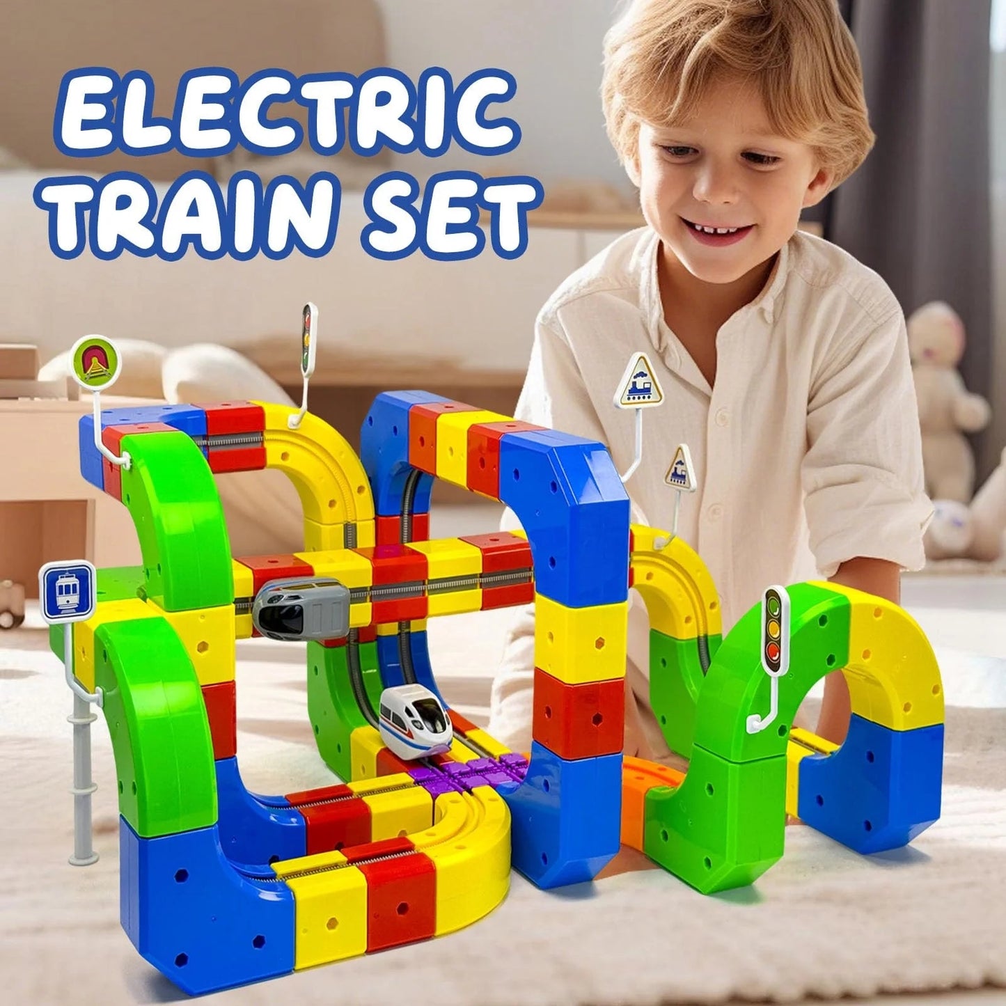 WLBES Electric Train Set for Kids, 3D Racing Track Sets with Electric Train, Traffic Signs, STEM Train Toys Birthday Gifts for Boys and Girls Age 3+ Years Old