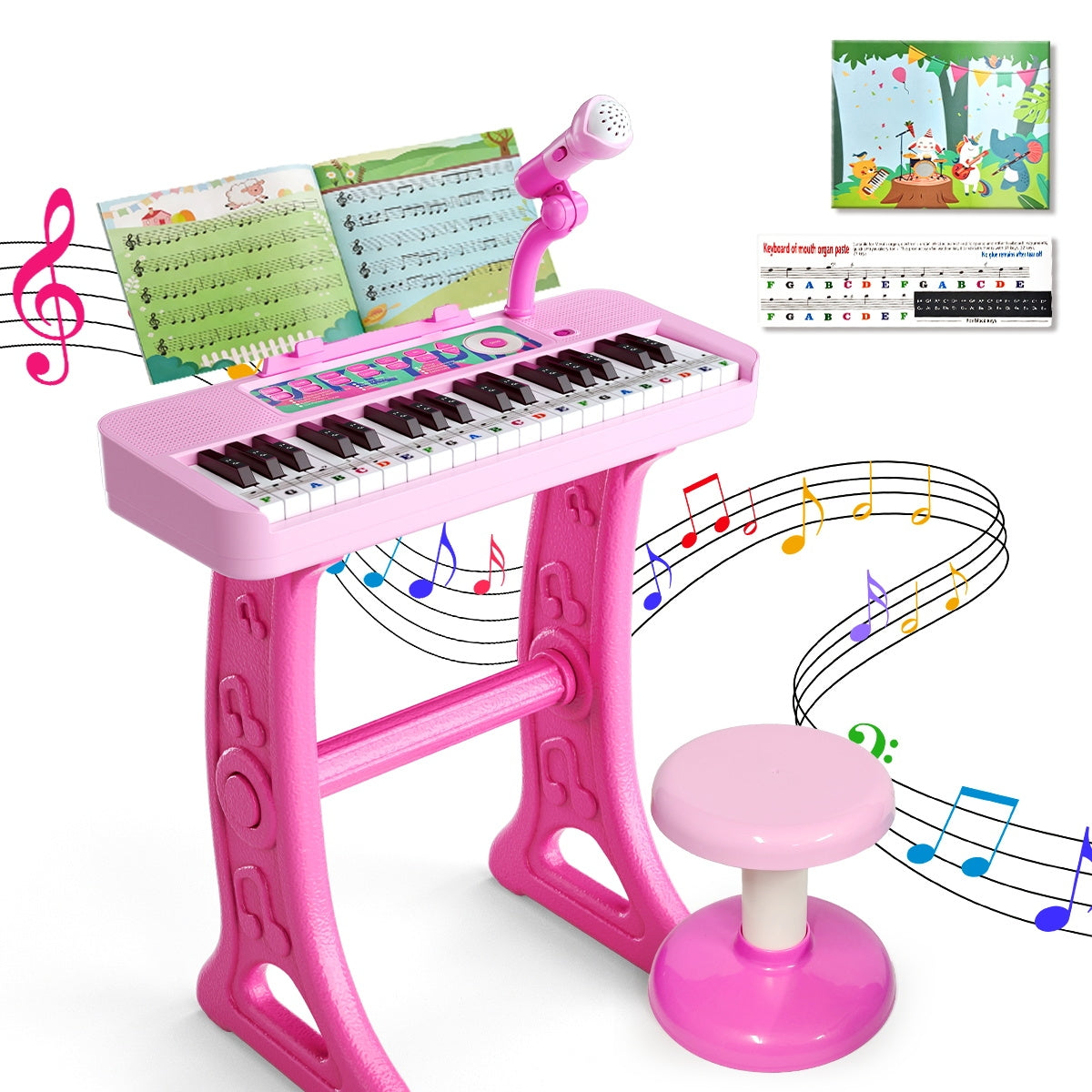 WLBES Electronic Keyboard Piano Toy, 37 Keys, with Microphone and Stool, Pink