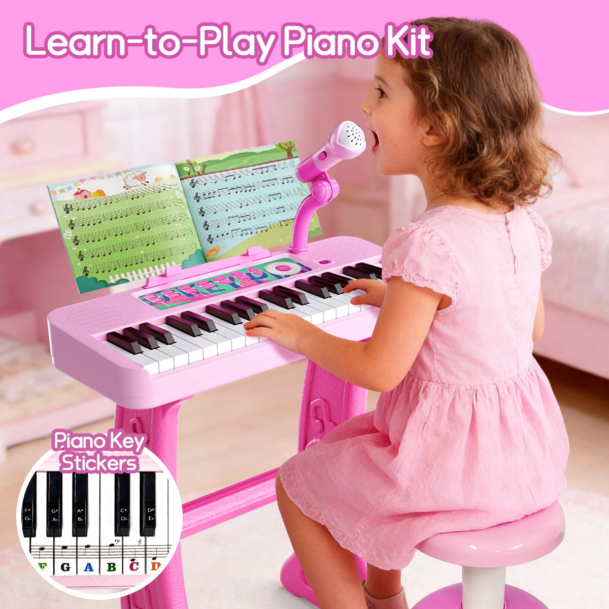 WLBES Electronic Keyboard Piano Toy, 37 Keys, with Microphone and Stool, Pink