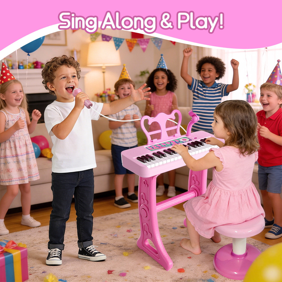WLBES Electronic Keyboard Piano Toy, 37 Keys, with Microphone and Stool, Pink