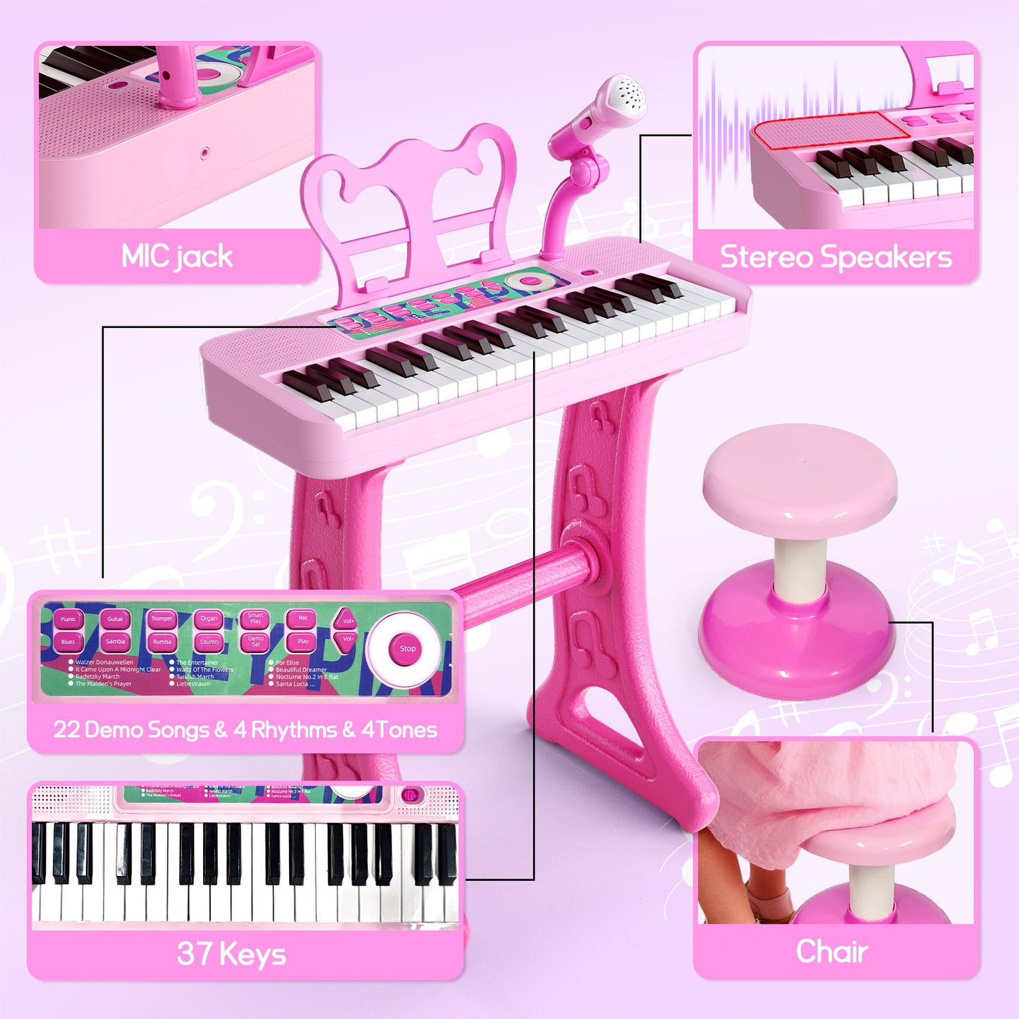 WLBES Electronic Keyboard Piano Toy, 37 Keys, with Microphone and Stool, Pink