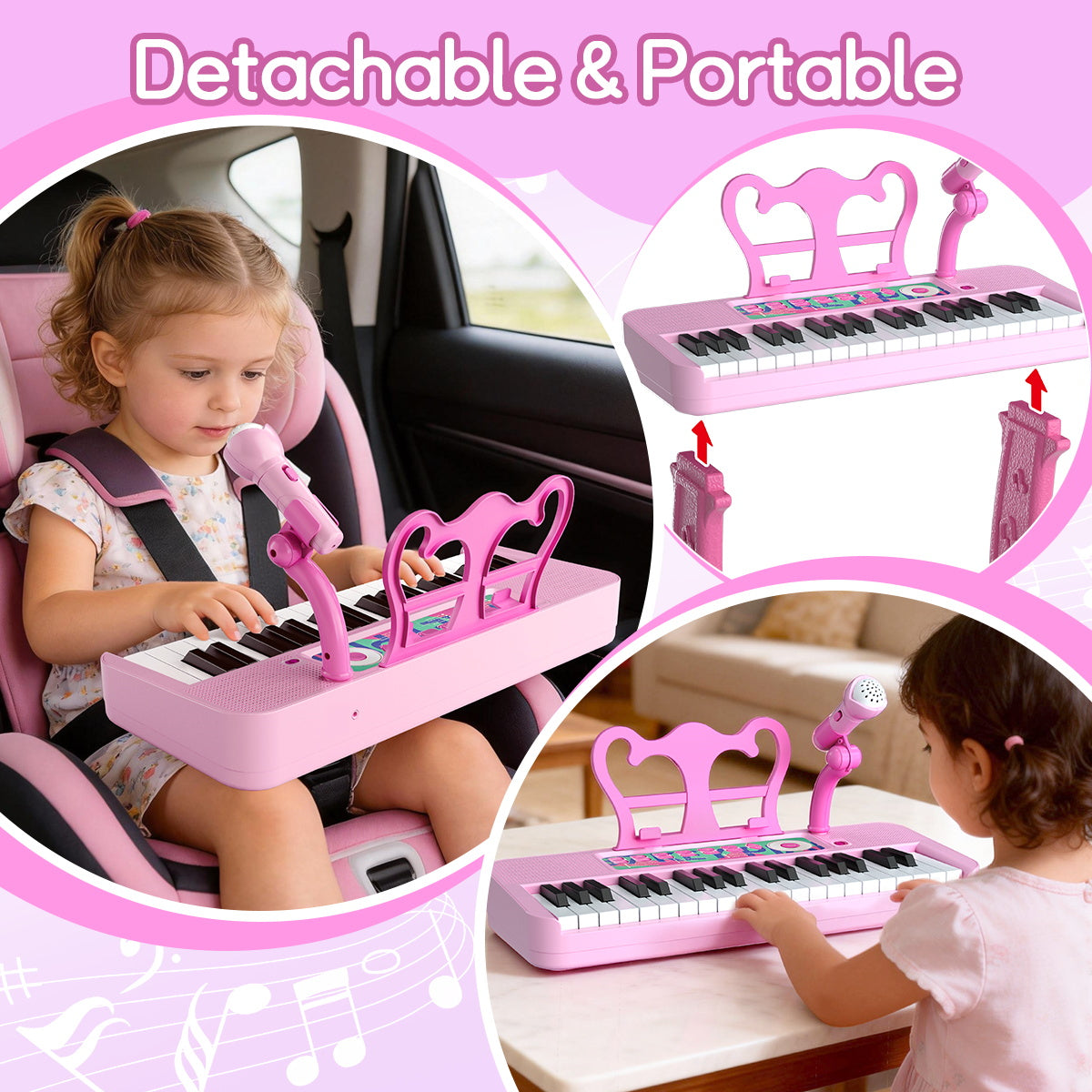 WLBES Electronic Keyboard Piano Toy, 37 Keys, with Microphone and Stool, Pink