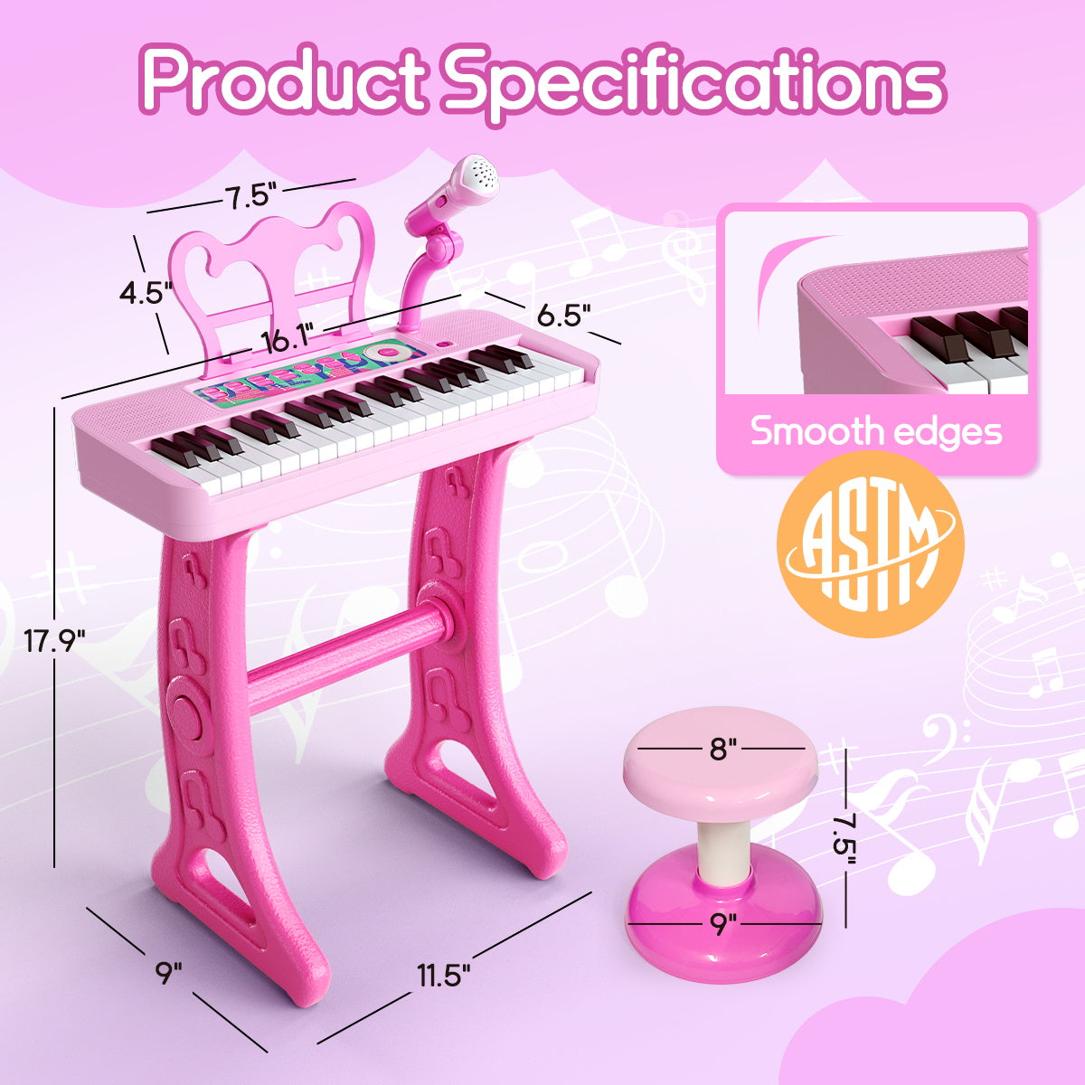 WLBES Electronic Keyboard Piano Toy, 37 Keys, with Microphone and Stool, Pink
