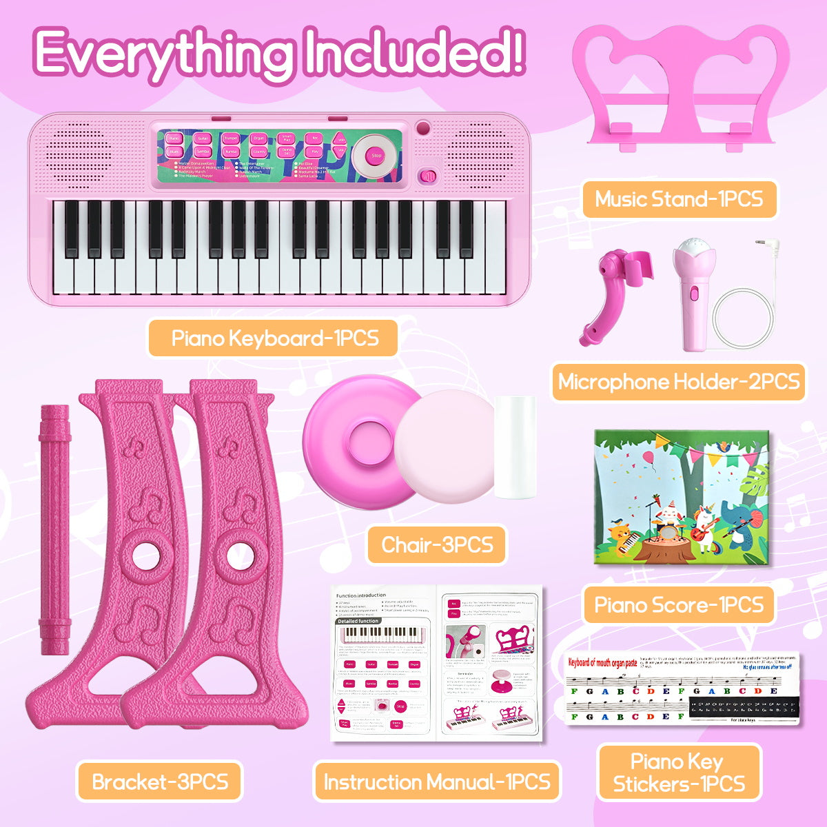 WLBES Electronic Keyboard Piano Toy, 37 Keys, with Microphone and Stool, Pink