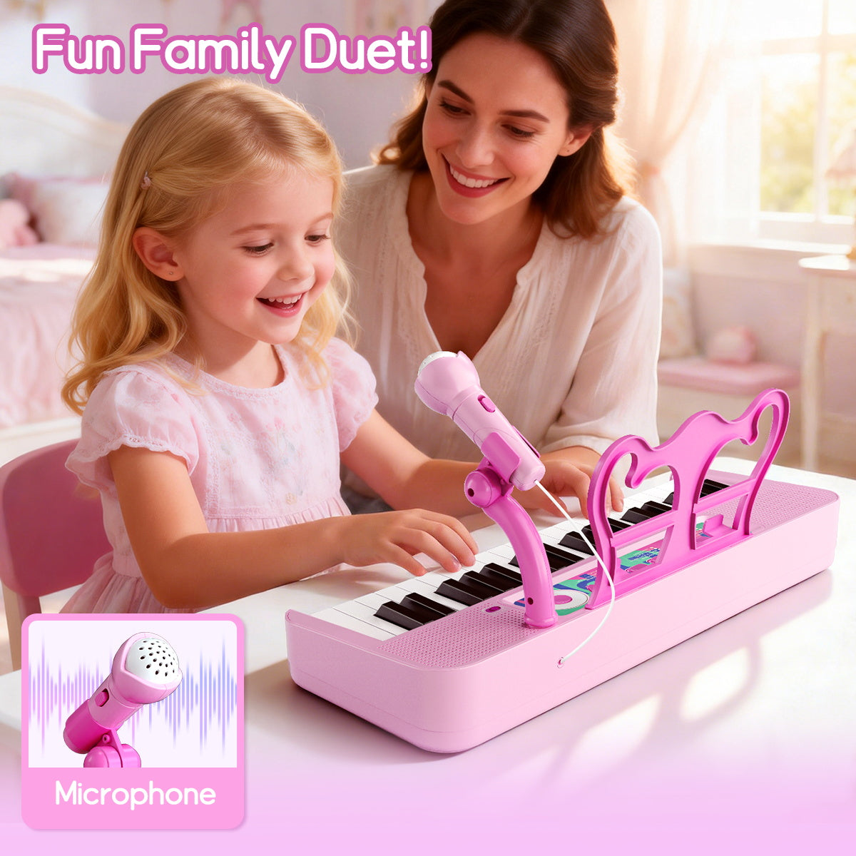WLBES Electronic Keyboard Piano Toy, 37 Keys, with Microphone and Stool, Pink