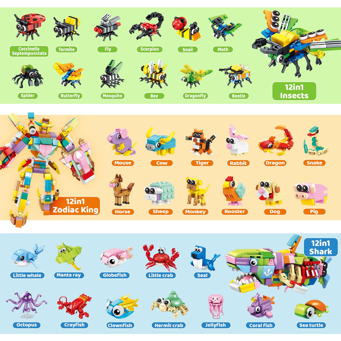 36-Piece Mini Animal Building Blocks Set for Kids - Transformable Ocean, Insect & Bird Themes - Educational STEM Learning Toy for Creative Play, Birthday Gift for Boys & Girls Ages 3+