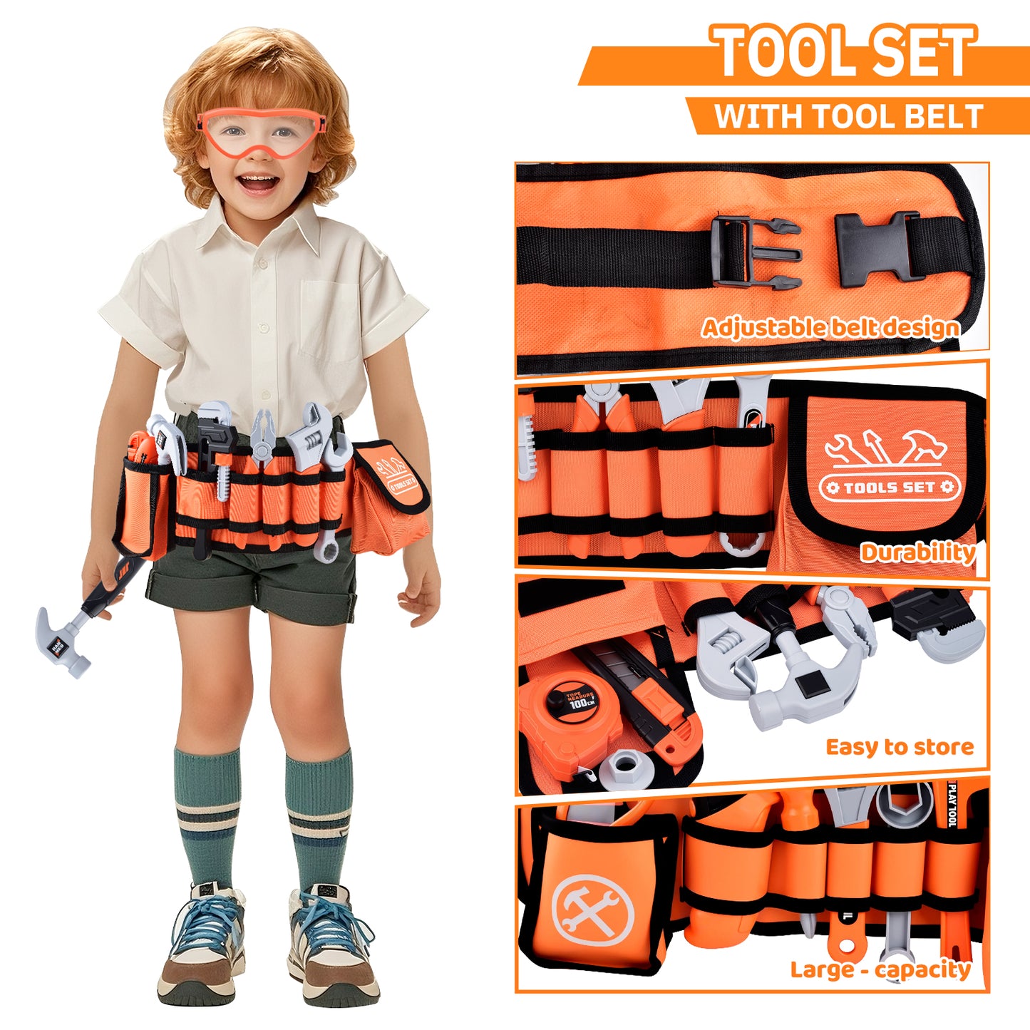 WLBES Kids Tool Set with Electric Toy Drill & Tool Belt, Realistic Pretend Play Construction Toys for Kids 3+, Educational Toddler Tool Kit, Tool Box for Boys Girls Indoor Outdoor Building Play