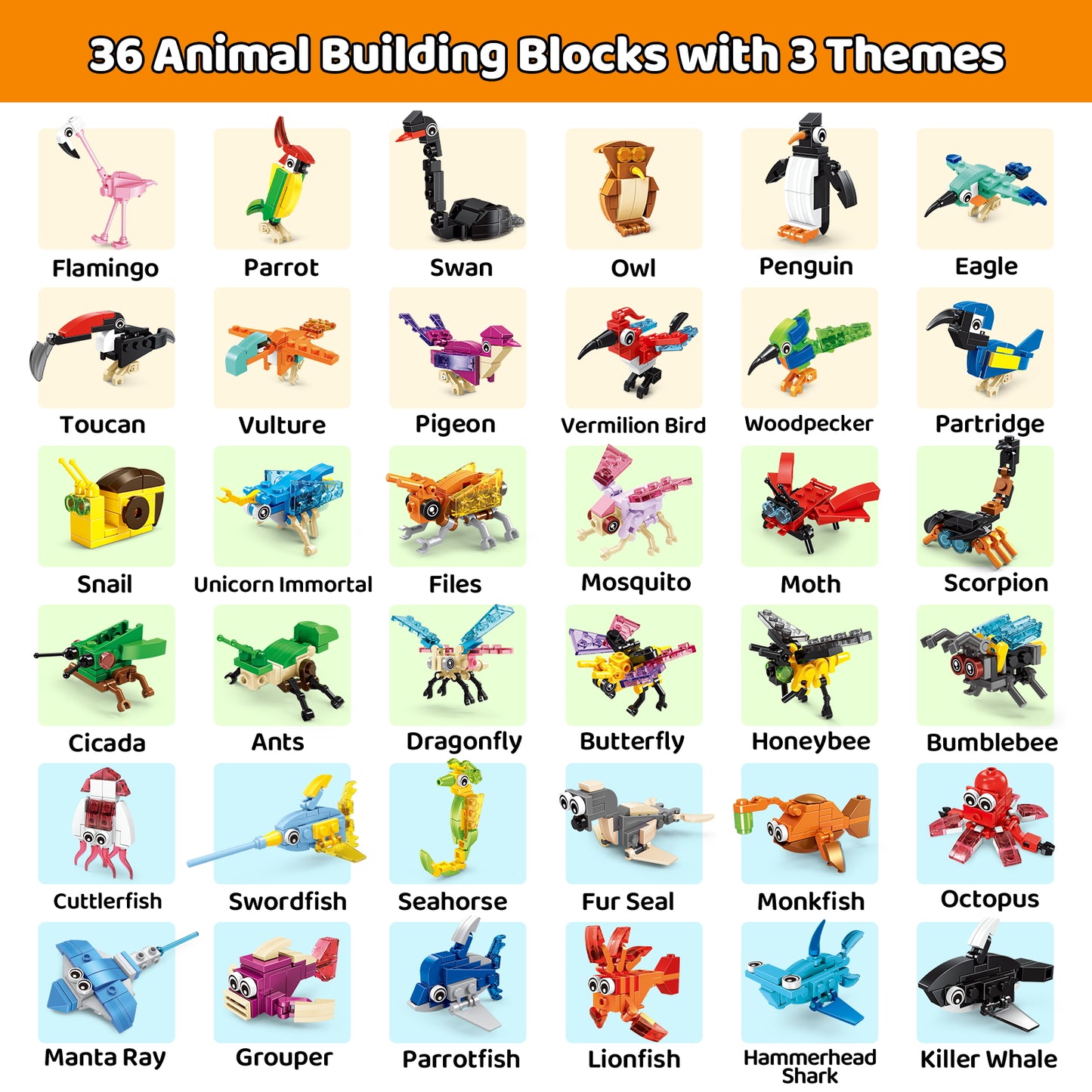 SONGLINLXS Party Blocks 36PCS Mini Animal Plastic Building Blocks, 108 Build Options, Kids Party Favors, Goodie Bag Stuffers, Classroom Birthday Toys for Ages 3-8
