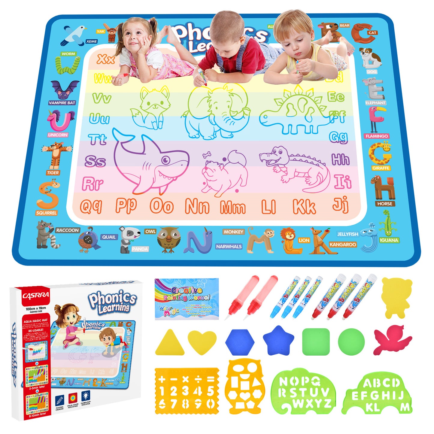 SONGLINLXS Doodle Drawing Mat, Large Aqua Magic Water Mat, Reusable Writing Pad & Educational Learning Toy Gift for Kids 3-6 Years Old