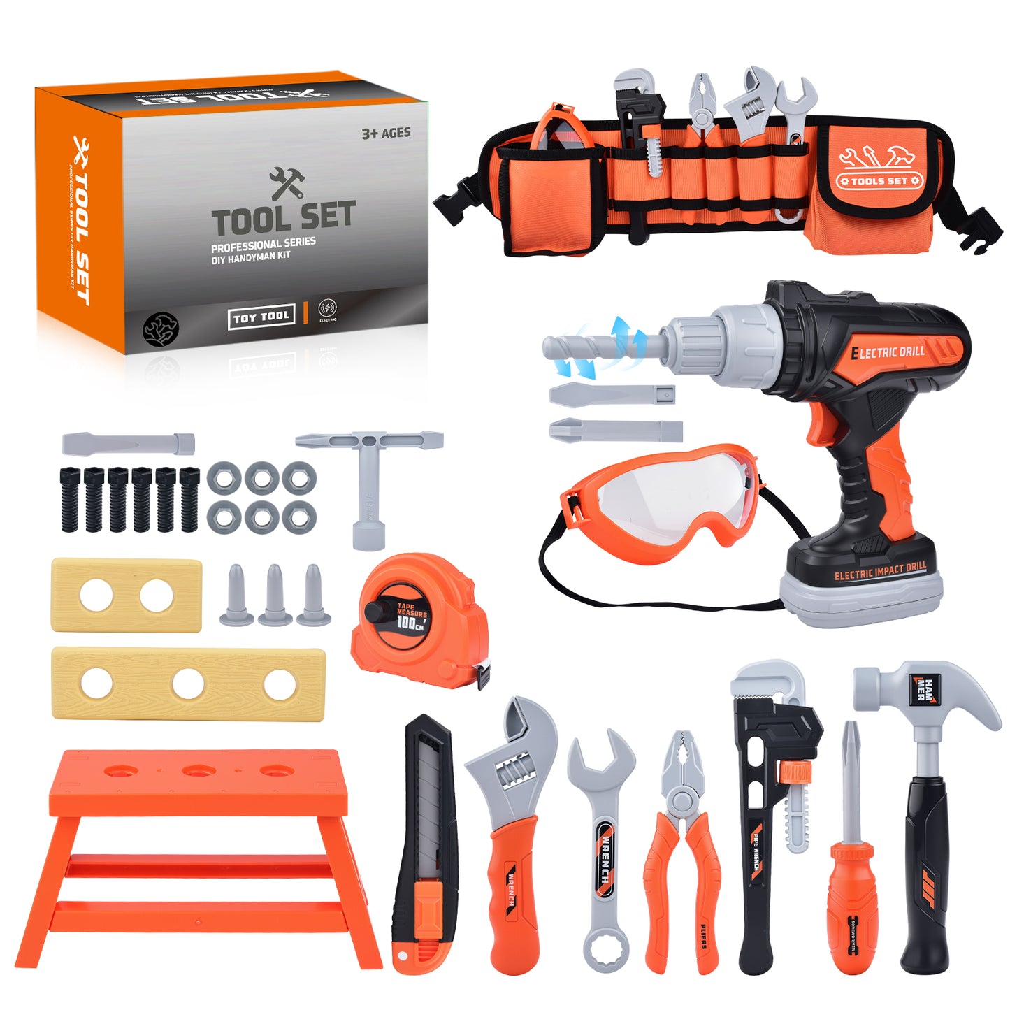 WLBES Kids Tool Set with Electric Toy Drill & Tool Belt, Realistic Pretend Play Construction Toys for Kids 3+, Educational Toddler Tool Kit, Tool Box for Boys Girls Indoor Outdoor Building Play