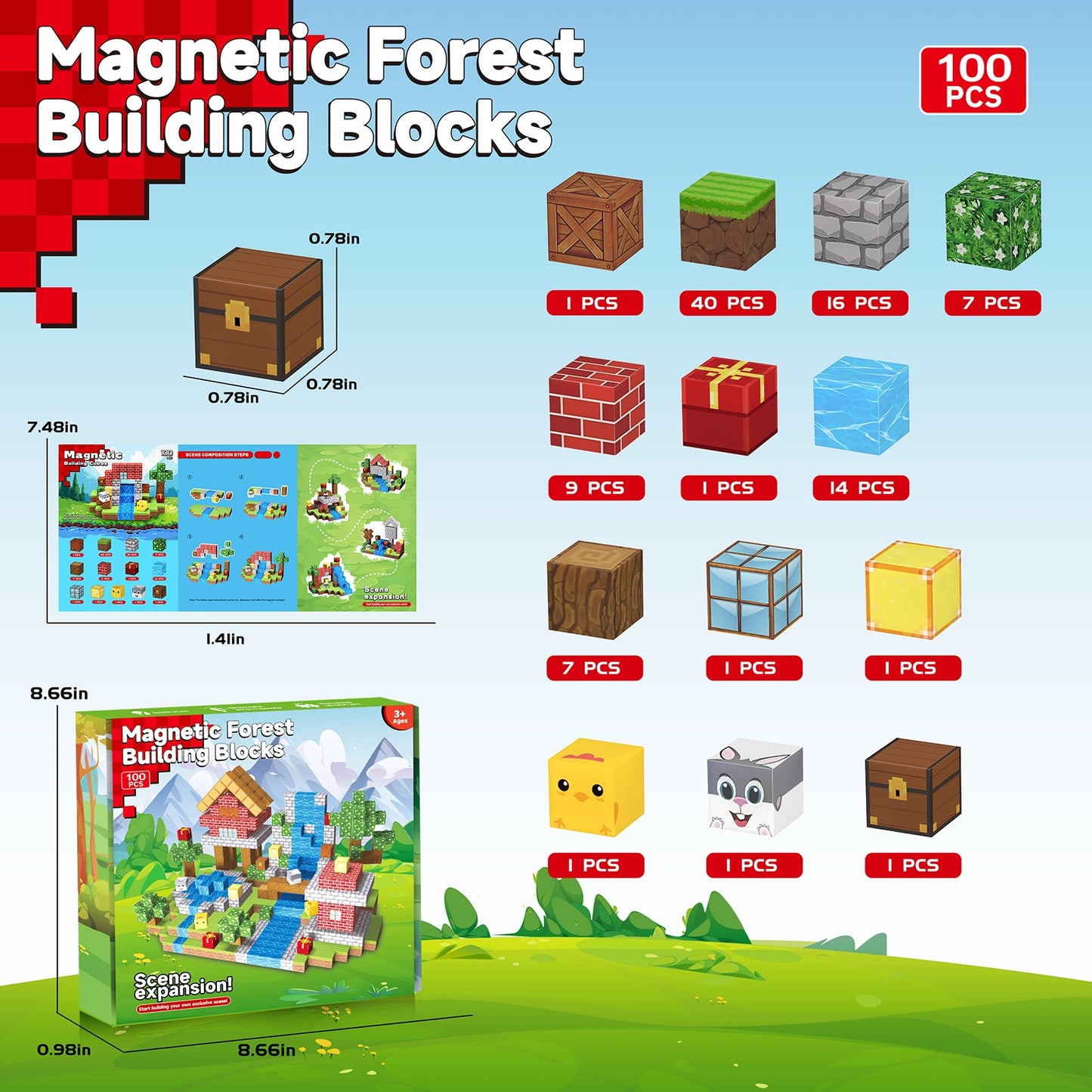 WLBES Magnetic Blocks Cube Game - 100PCS Kids Forest Magnetic Building Blocks STEM Montessori Stacking Toy, Gift for Boys and Girls Ages 3+
