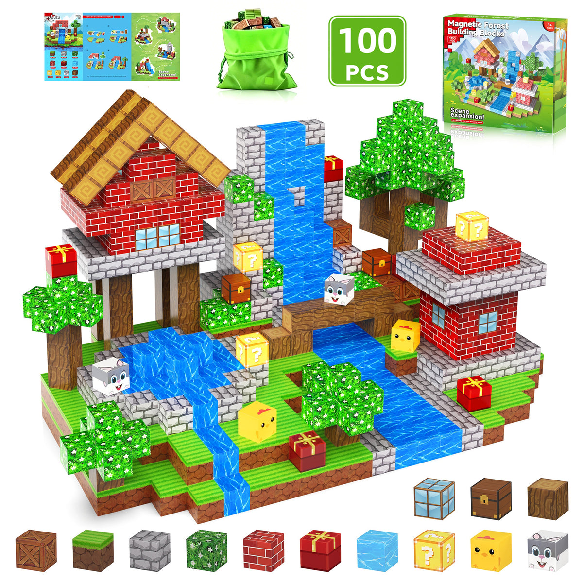 WLBES Magnetic Blocks Cube Game - 100PCS Kids Forest Magnetic Building Blocks STEM Montessori Stacking Toy, Gift for Boys and Girls Ages 3+