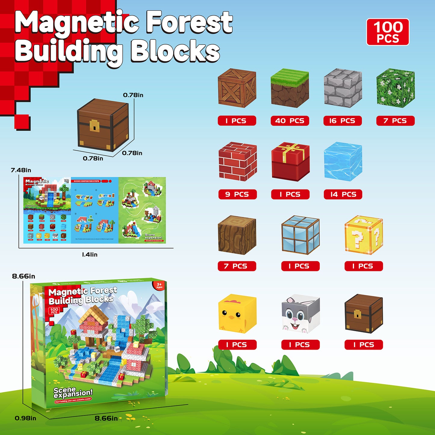 SONGLINLXS 100PCS Forest Magnetic Cubes STEM Building Blocks, Educational Toy for Preschool, Travel, Kids Creative Gift for Boys Girls 3+