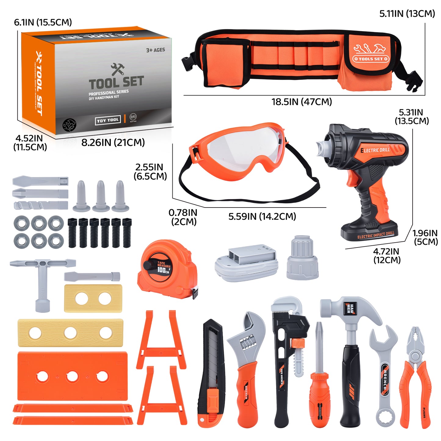WLBES Kids Tool Set with Electric Toy Drill & Tool Belt, Realistic Pretend Play Construction Toys for Kids 3+, Educational Toddler Tool Kit, Tool Box for Boys Girls Indoor Outdoor Building Play