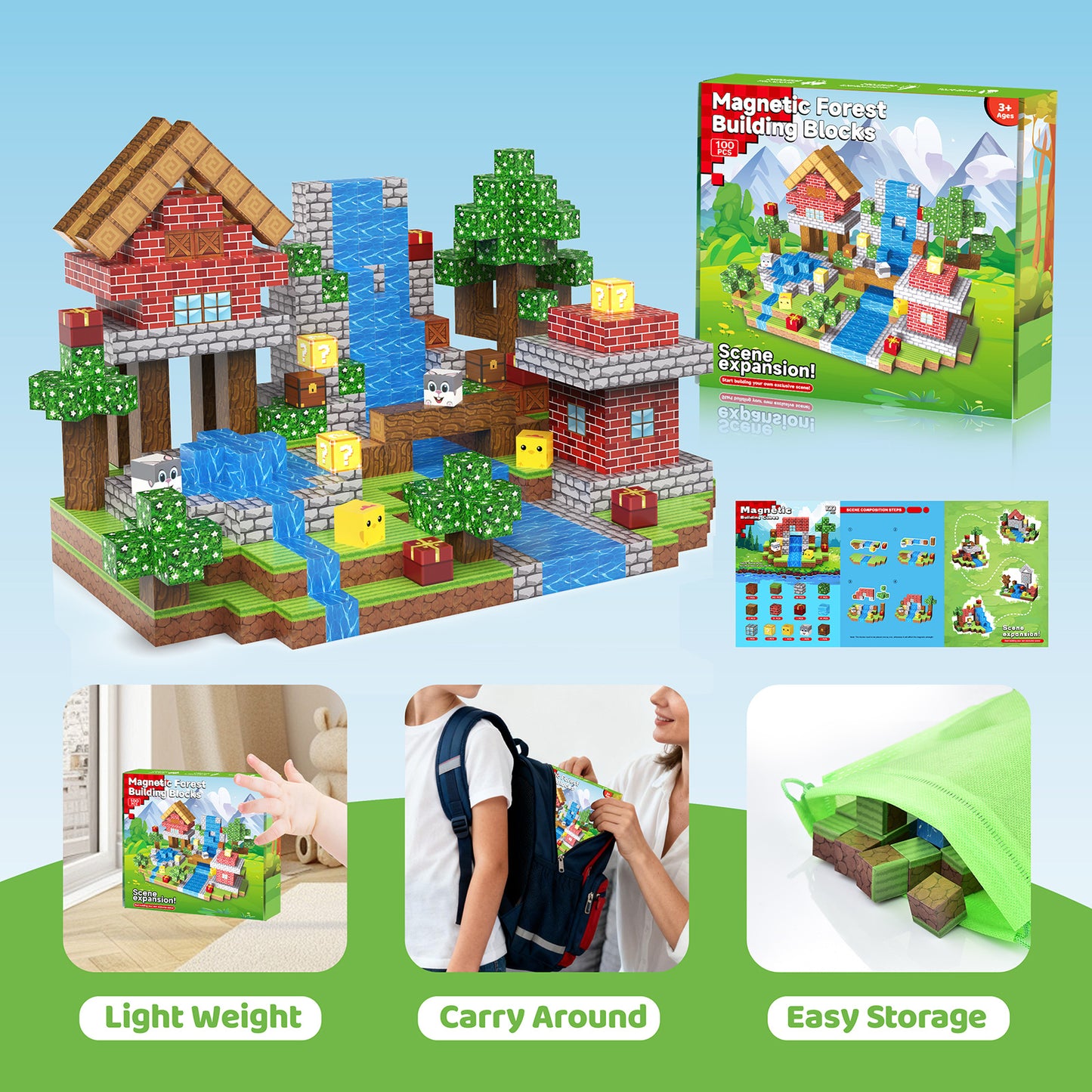 SONGLINLXS 100PCS Forest Magnetic Cubes STEM Building Blocks, Educational Toy for Preschool, Travel, Kids Creative Gift for Boys Girls 3+