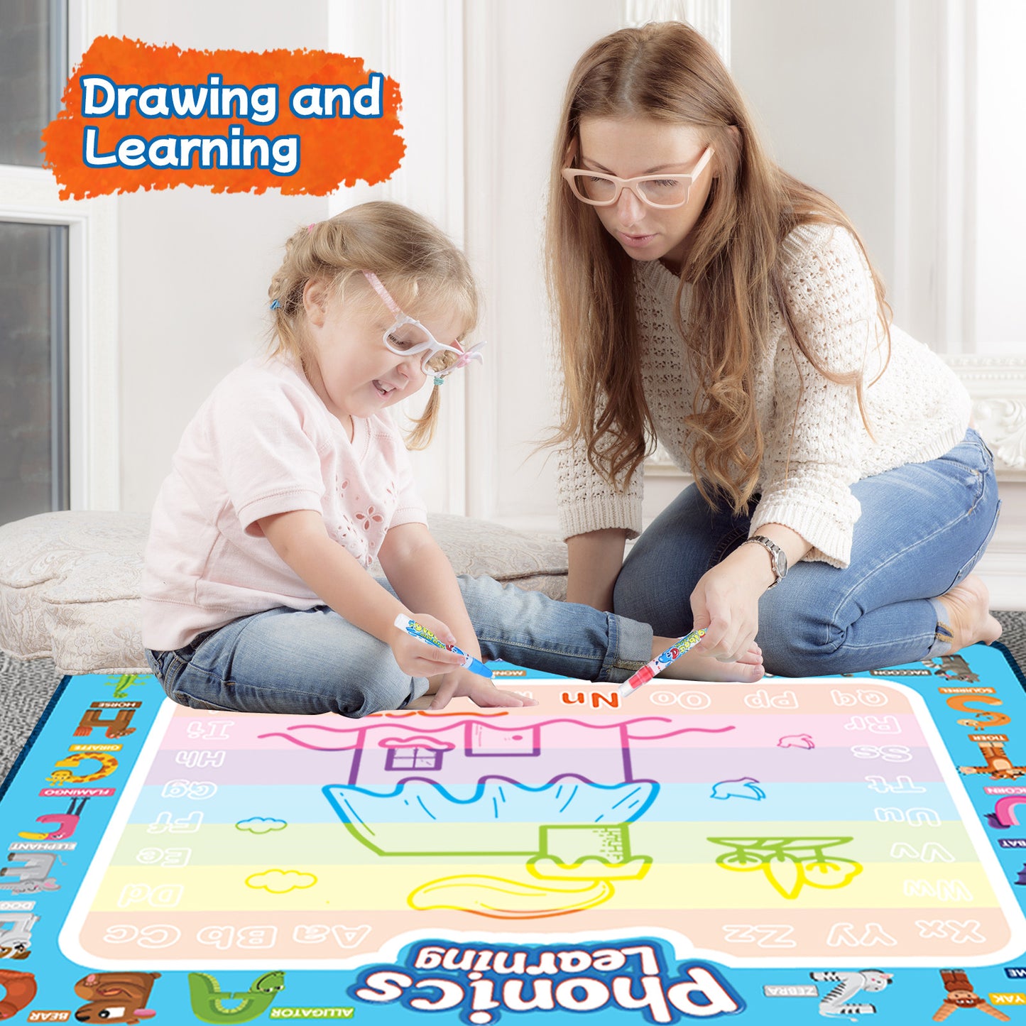 SONGLINLXS Doodle Drawing Mat, Large Aqua Magic Water Mat, Reusable Writing Pad & Educational Learning Toy Gift for Kids 3-6 Years Old