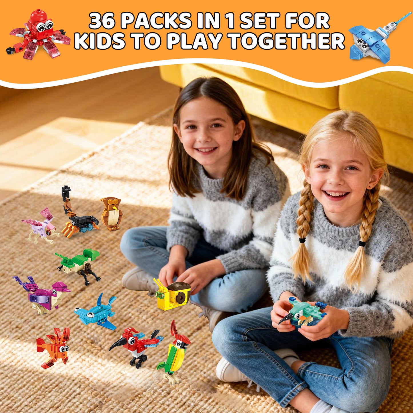 SONGLINLXS Party Blocks 36PCS Mini Animal Plastic Building Blocks, 108 Build Options, Kids Party Favors, Goodie Bag Stuffers, Classroom Birthday Toys for Ages 3-8