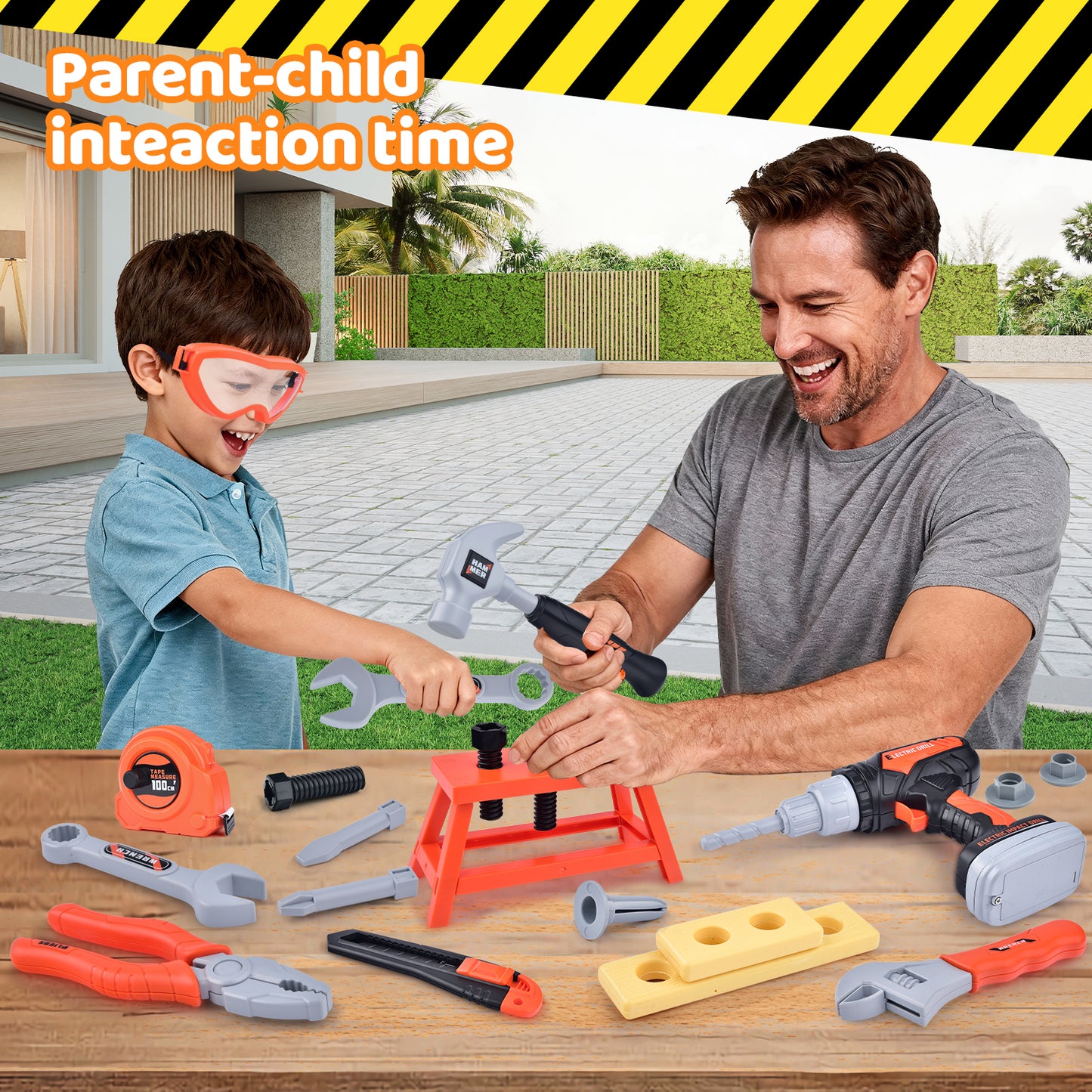 WLBES Kids Tool Set with Electric Toy Drill & Tool Belt, Realistic Pretend Play Construction Toys for Kids 3+, Educational Toddler Tool Kit, Tool Box for Boys Girls Indoor Outdoor Building Play