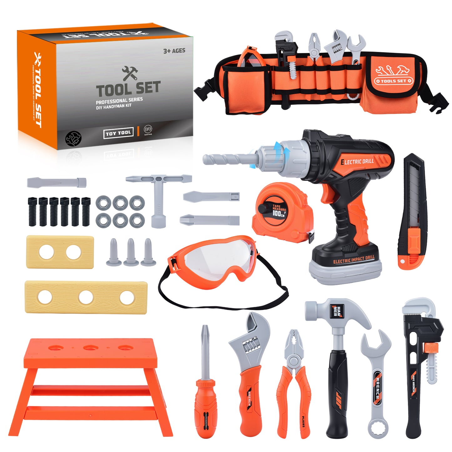WLBES Kids Tool Set with Electric Toy Drill & Tool Belt, Realistic Pretend Play Construction Toys for Kids 3+, Educational Toddler Tool Kit, Tool Box for Boys Girls Indoor Outdoor Building Play