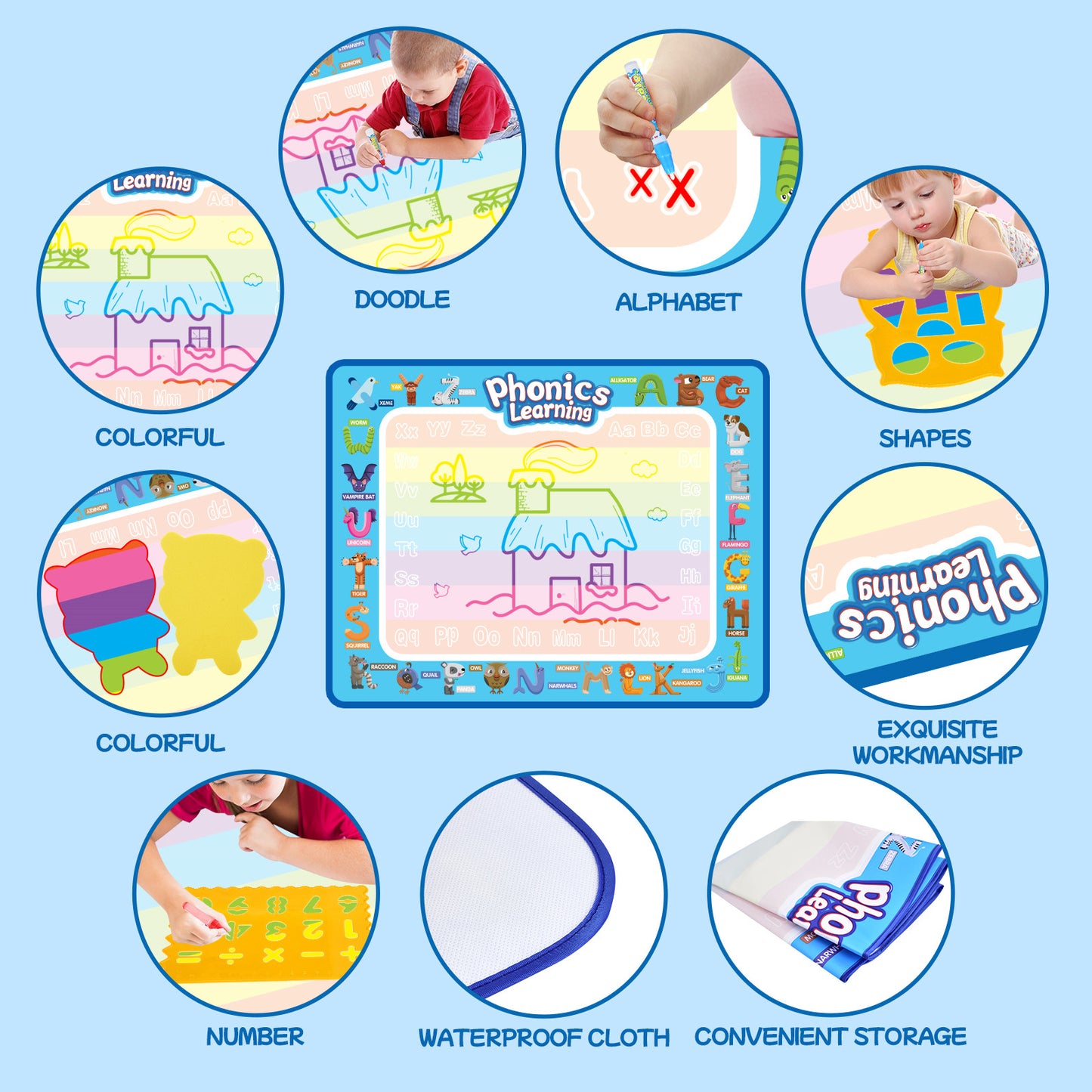 SONGLINLXS Doodle Drawing Mat, Large Aqua Magic Water Mat, Reusable Writing Pad & Educational Learning Toy Gift for Kids 3-6 Years Old