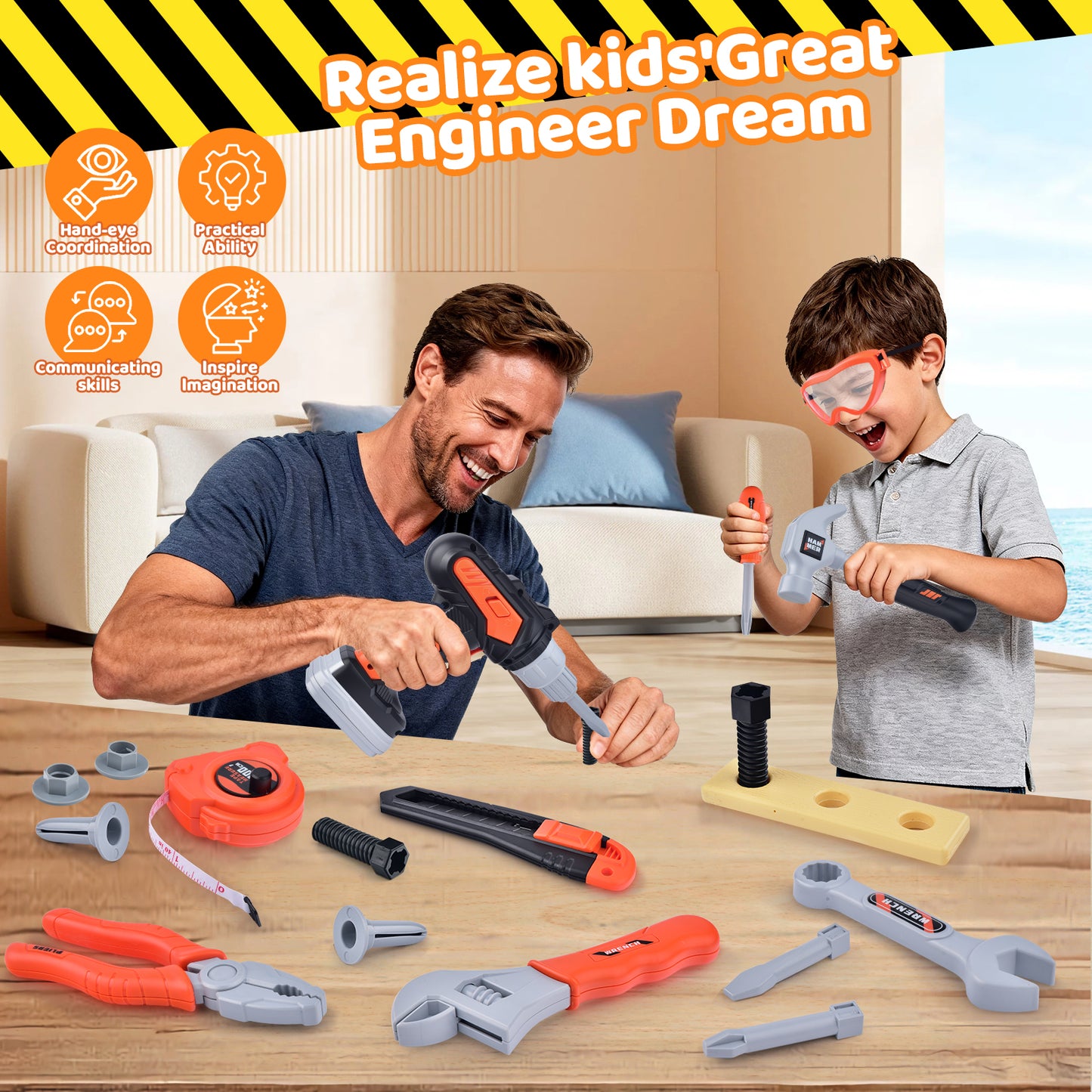 WLBES Kids Tool Set with Electric Toy Drill & Tool Belt, Realistic Pretend Play Construction Toys for Kids 3+, Educational Toddler Tool Kit, Tool Box for Boys Girls Indoor Outdoor Building Play