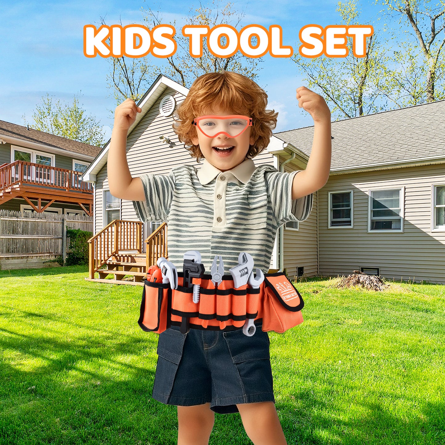 WLBES Kids Tool Set with Electric Toy Drill & Tool Belt, Realistic Pretend Play Construction Toys for Kids 3+, Educational Toddler Tool Kit, Tool Box for Boys Girls Indoor Outdoor Building Play