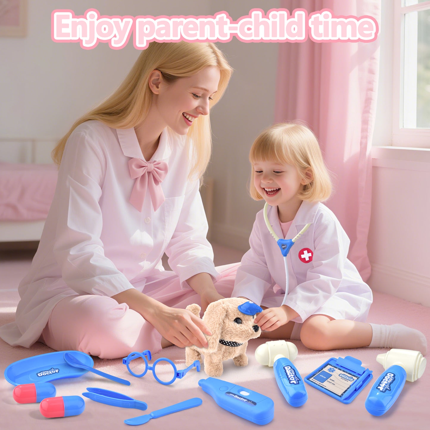 WLBES Doctor Toys, Kids Vet Doctor Play Set with Electronic Walking Barking Puppy, Toddler Pretend Role Play Doctor Kit for Kids 3+, Preschool Toys, Ideal Birthday Party Gift for 3 4 5 Year Old Girls