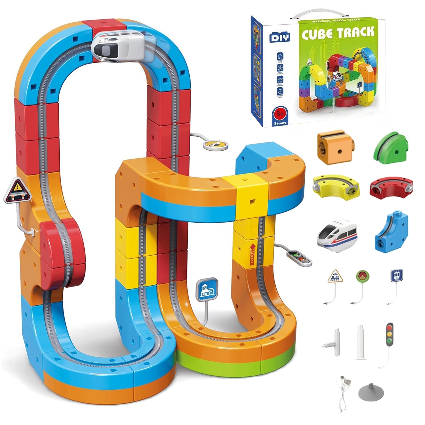 Rail Electric Train Set 3D Magic Flexible Race Track for Kids 3+ Years Old, 55 Pcs Race Car Track Block with Anti-Gravity, Educational STEM Toy for Boys Girls Birthday Party Gift