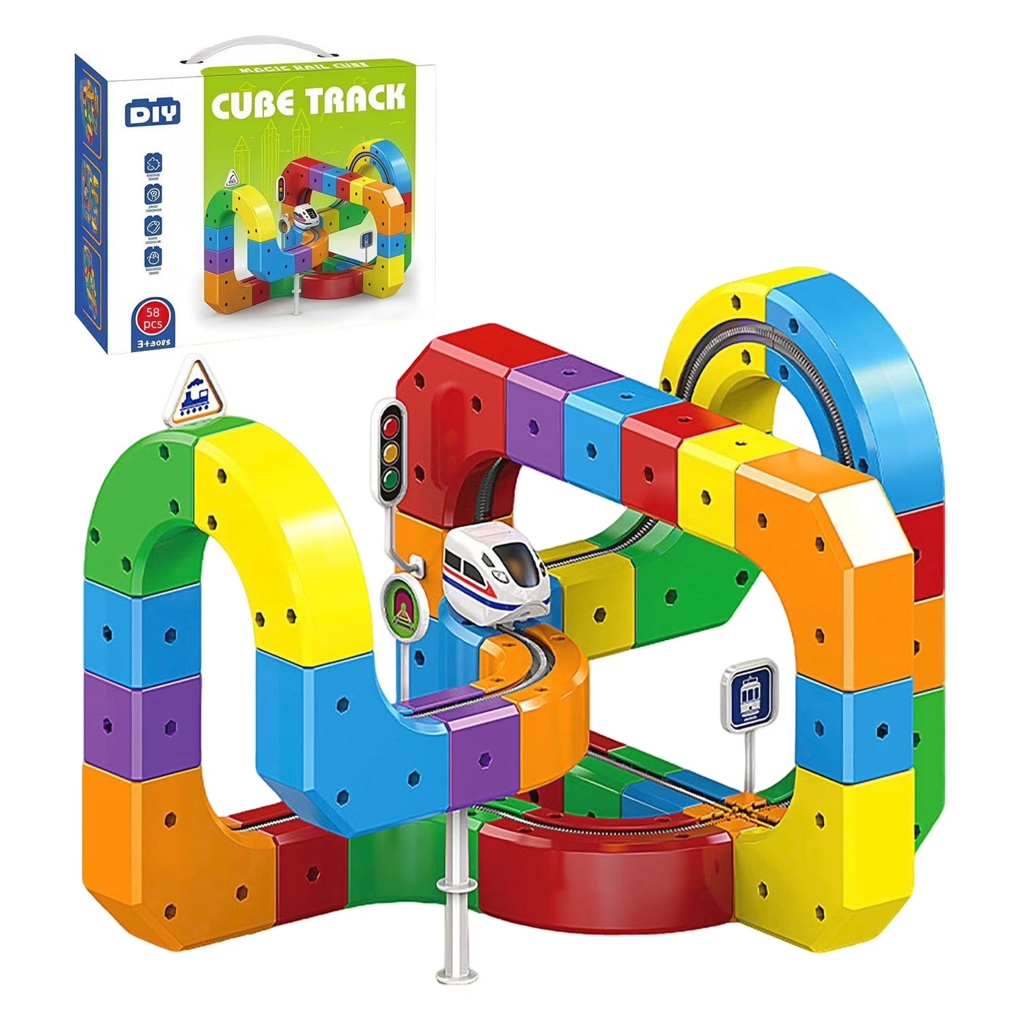 WLBES Electric Train Set for Kids, 3D Racing Track Sets with Electric Train, Traffic Signs, STEM Train Toys Birthday Gifts for Boys and Girls Age 3+ Years Old