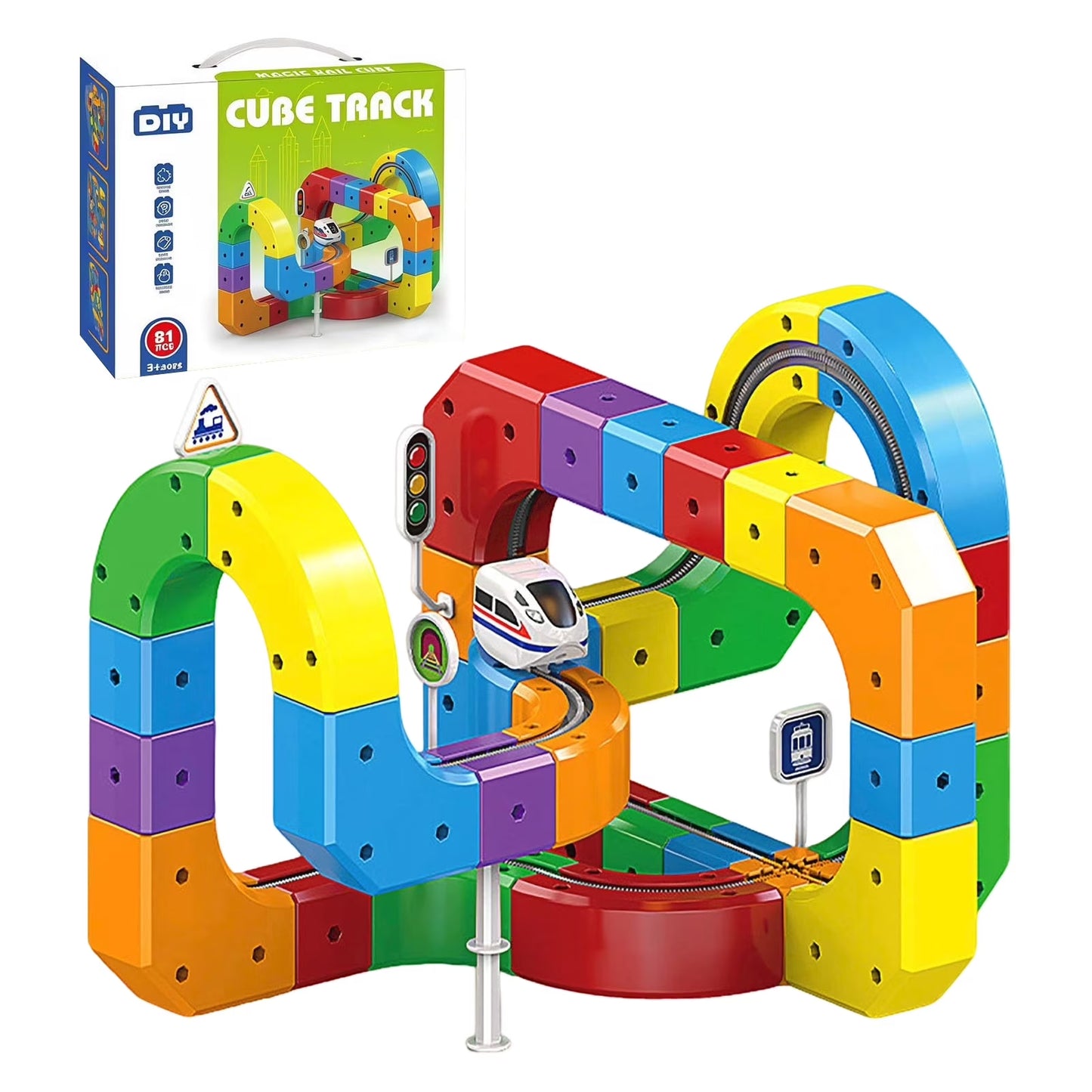 Rail Electric Train Set 3D Magic Flexible Race Track for Kids 3+ Years Old, 55 Pcs Race Car Track Block with Anti-Gravity, Educational STEM Toy for Boys Girls Birthday Party Gift