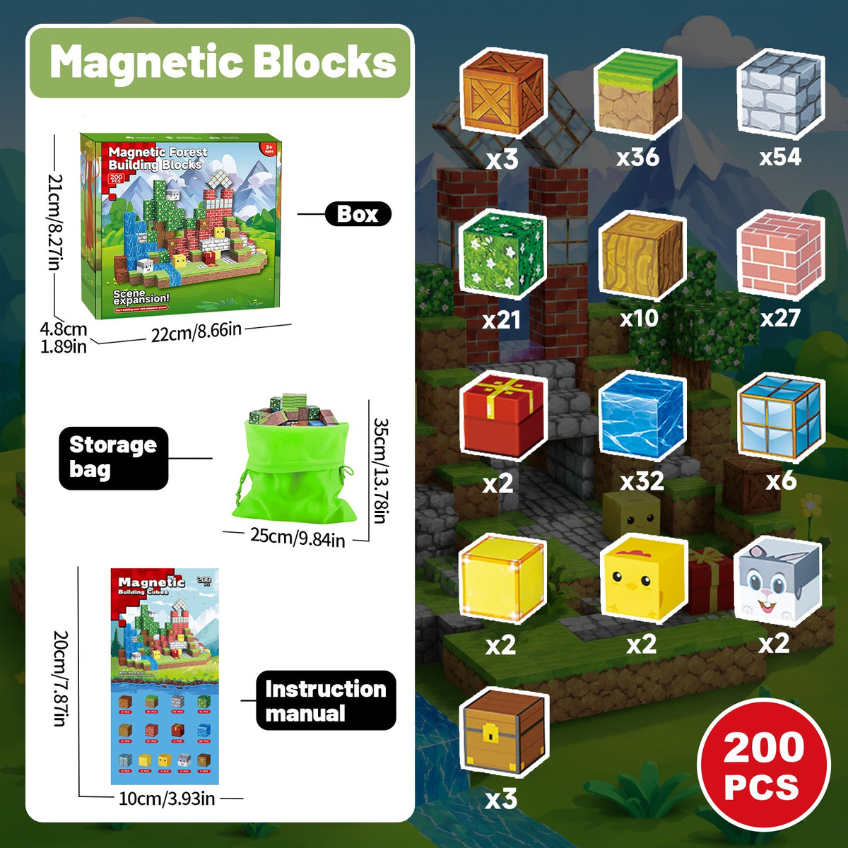 WLBES 200PCS Magnetic Blocks, Forest Cube Stacking Magnet Toys, STEM Educational Building Toy for Kids 3+, Ideal Birthday & Holiday Gift for Boys & Girls