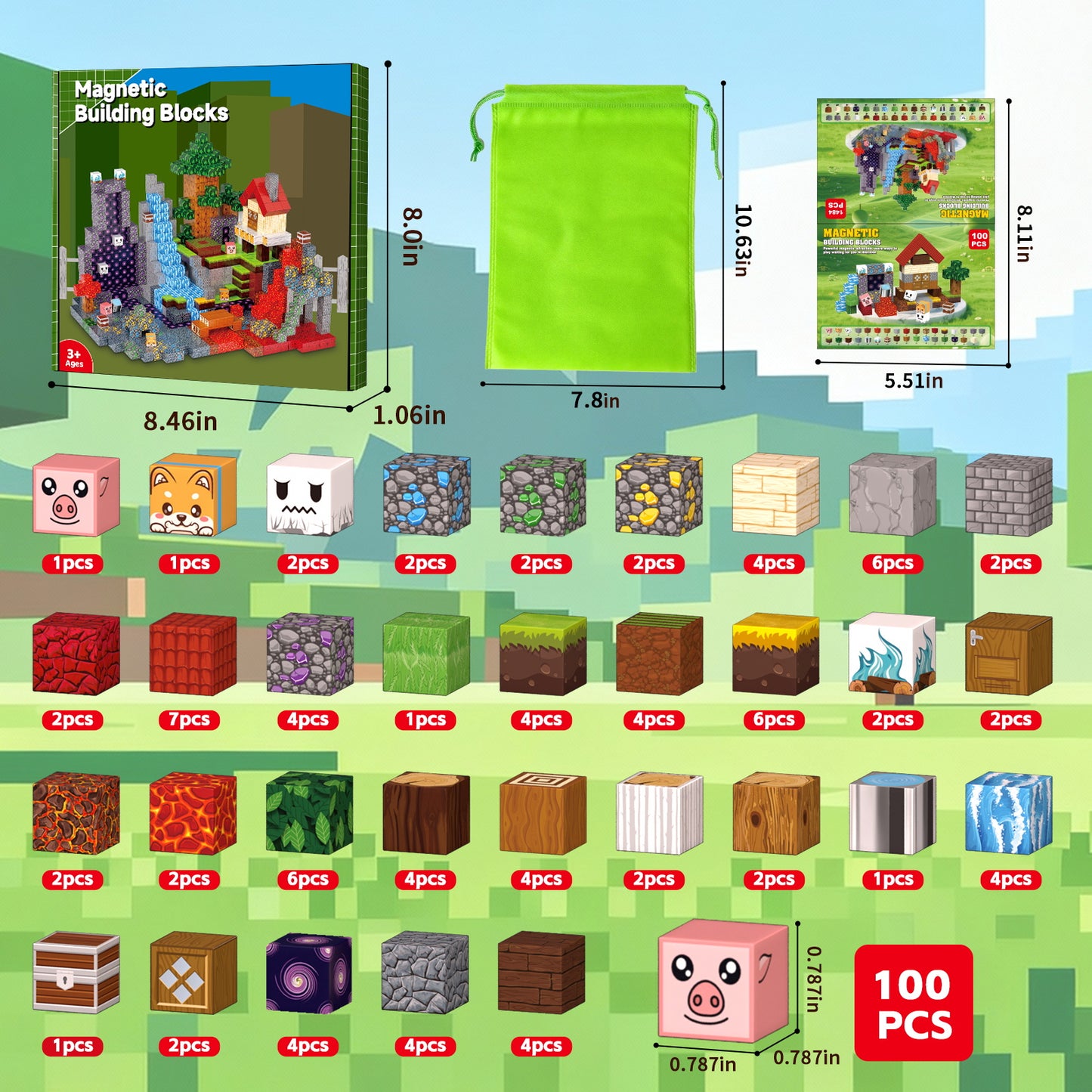 WLBES 100PCS Magnetic Blocks Set, Lava Forest Design, STEM Educational Building Toys, Creative Construction Play, Portable Travel Toys for Kids Age 3+