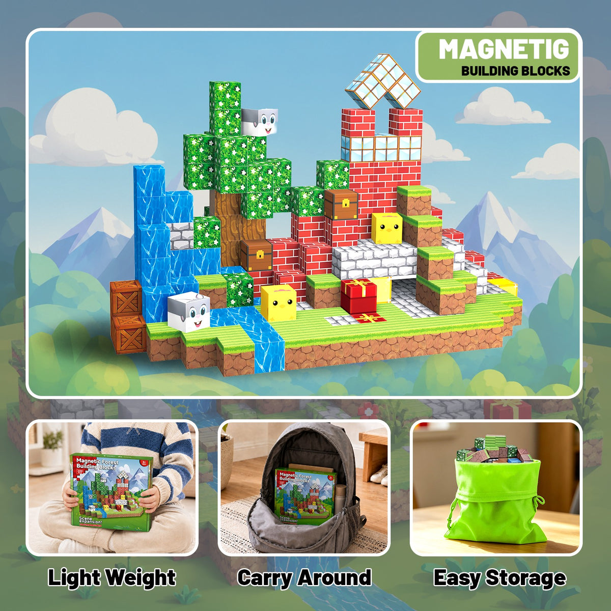 WLBES 200PCS Magnetic Blocks, Forest Cube Stacking Magnet Toys, STEM Educational Building Toy for Kids 3+, Ideal Birthday & Holiday Gift for Boys & Girls