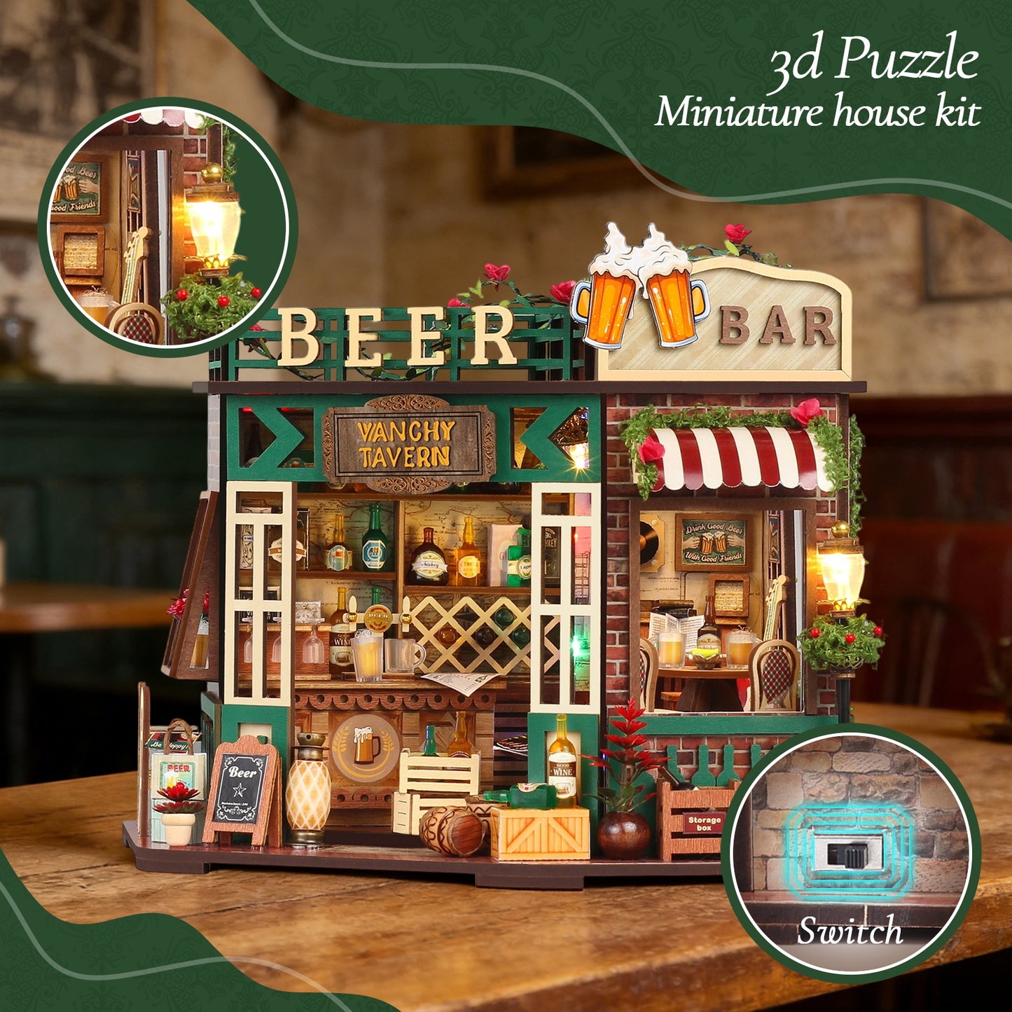 WLBES 3D Wooden Puzzle Book Nook Kit for Adults, DIY Miniature Tavern House Model Kit, Cute Book Nooks for Bookshelf, Home Decor & Craft Hobby