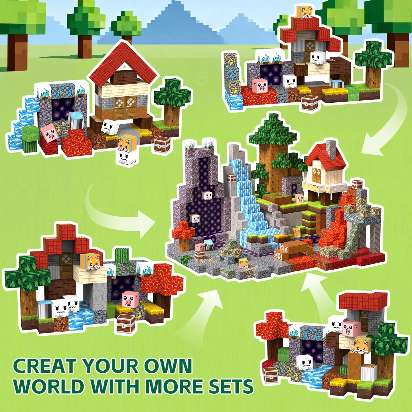 WLBES 100PCS Magnetic Blocks Set, Lava Forest Design, STEM Educational Building Toys, Creative Construction Play, Portable Travel Toys for Kids Age 3+