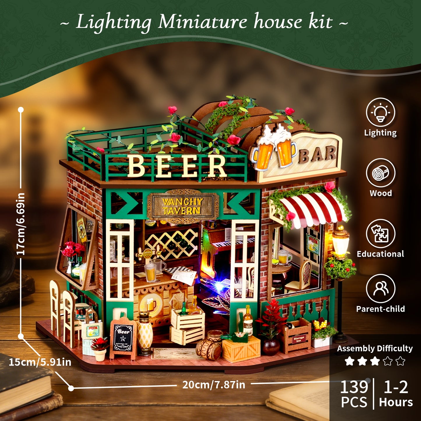 WLBES 3D Wooden Puzzle Book Nook Kit for Adults, DIY Miniature Tavern House Model Kit, Cute Book Nooks for Bookshelf, Home Decor & Craft Hobby