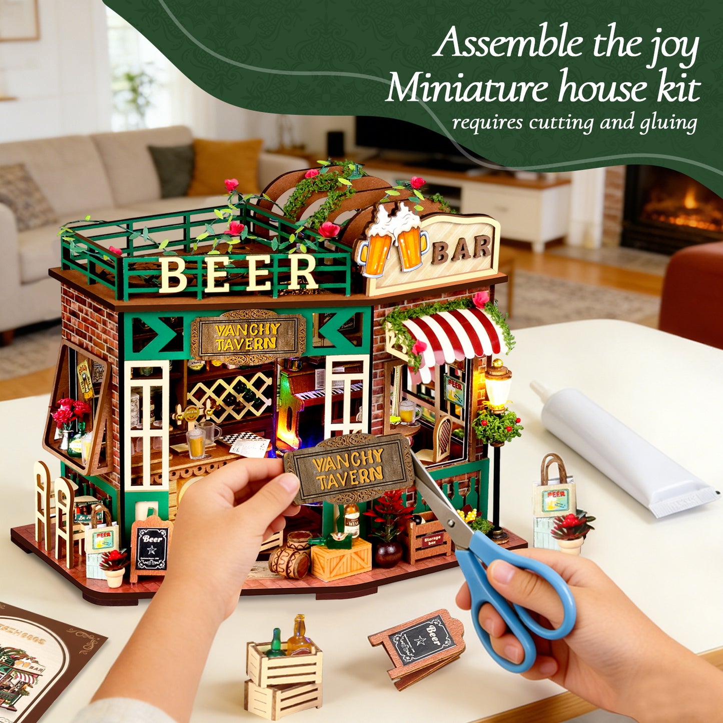 WLBES 3D Wooden Puzzle Book Nook Kit for Adults, DIY Miniature Tavern House Model Kit, Cute Book Nooks for Bookshelf, Home Decor & Craft Hobby