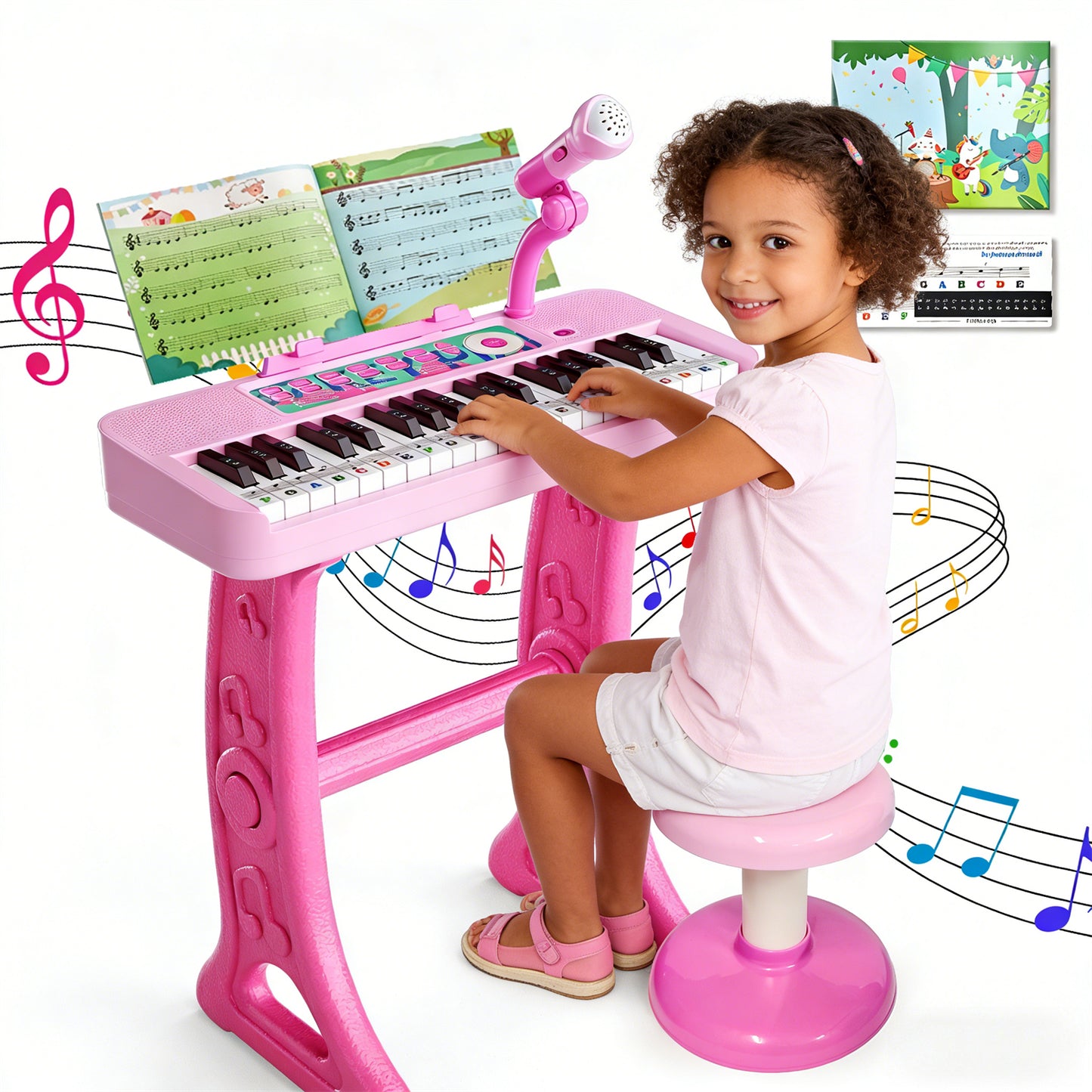 WLBES Electronic Keyboard Piano Toy, 37 Keys, with Microphone and Stool, Pink