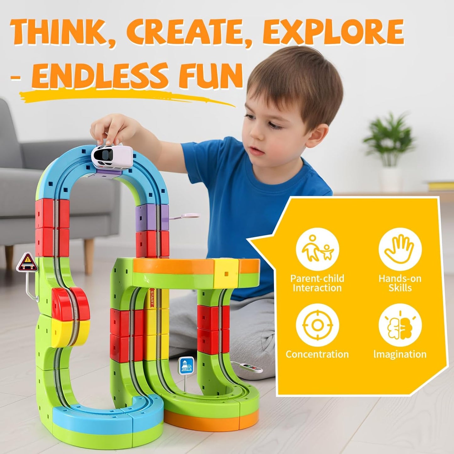 Rail Electric Train Set 3D Magic Flexible Race Track for Kids 3+ Years Old, 55 Pcs Race Car Track Block with Anti-Gravity, Educational STEM Toy for Boys Girls Birthday Party Gift