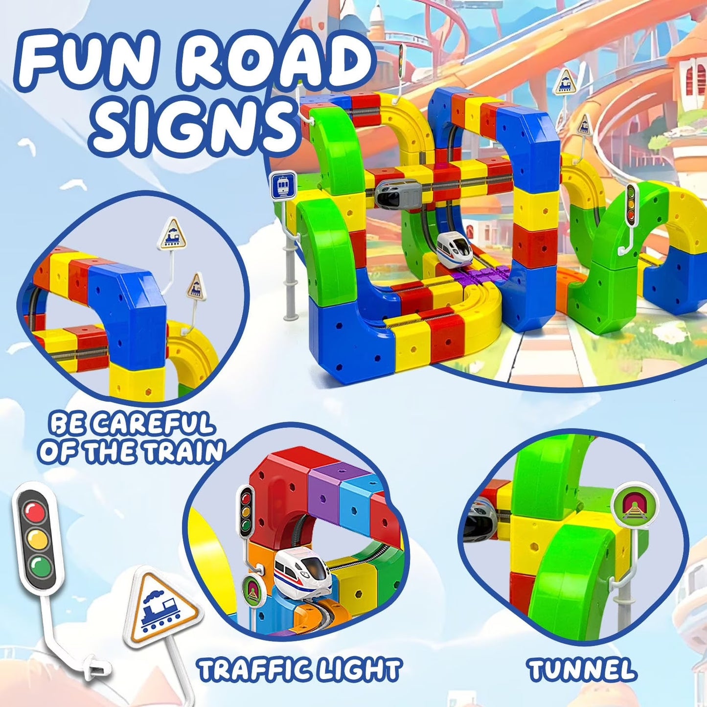 WLBES Electric Train Set for Kids, 3D Racing Track Sets with Electric Train, Traffic Signs, STEM Train Toys Birthday Gifts for Boys and Girls Age 3+ Years Old