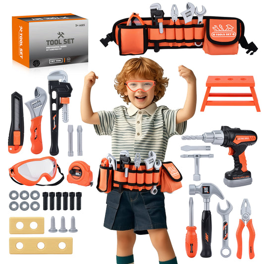 WLBES Kids Tool Set with Electric Toy Drill & Tool Belt, Realistic Pretend Play Construction Toys for Kids 3+, Educational Toddler Tool Kit, Tool Box for Boys Girls Indoor Outdoor Building Play